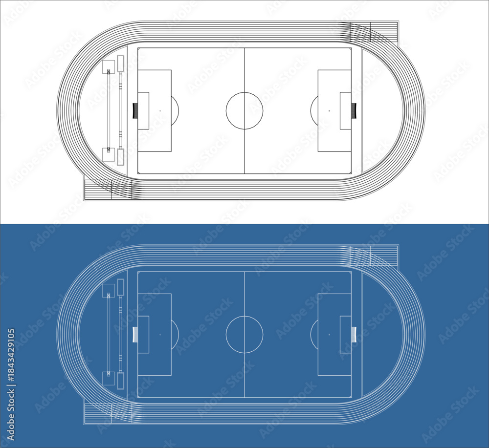 Fototapeta premium Top View Plan of Soccer Football Field and Track Outline Drawing