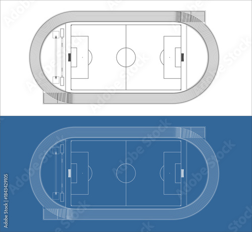 Top View Plan of Soccer Football Field and Track Outline Drawing
