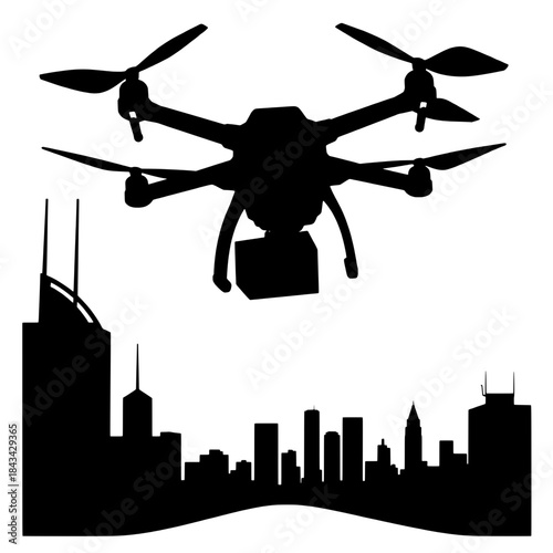 Drone Delivering Package in Cityscape Silhouette