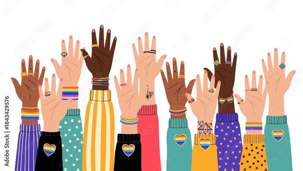 Fototapeta premium Diverse Hands Raised Showing Pride Flags and Rainbow Symbols