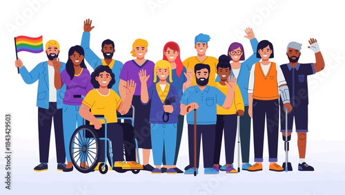 Diverse Group of People Waving and Smiling Together, Symbol of Inclusion