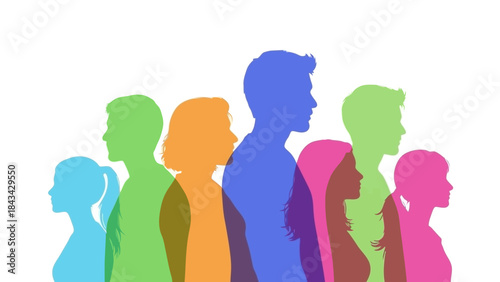 Diverse Group of People Silhouettes in Various Bright Colors Representing Diversity and Unity
