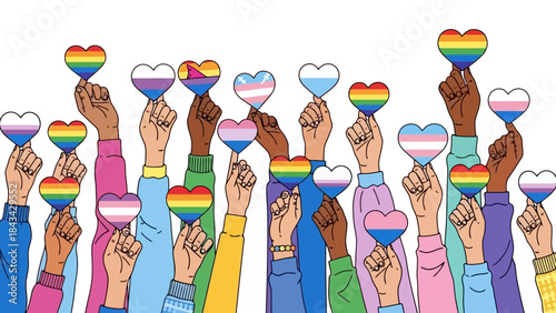 Diverse Hands Holding Pride and LGBTQ+ Heart Flags, Symbolizing Inclusivity and Love