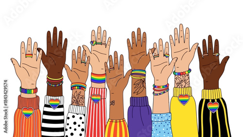 Diverse Hands Raised in Pride with Rainbow Heart Symbols and Bracelets