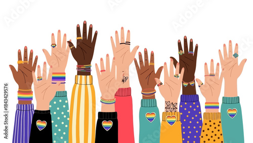 Diverse Hands Raised Showing Pride Flags and Rainbow Symbols