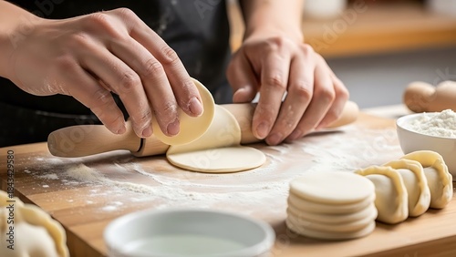 Preparing delicate dough circles for Asian cuisine at home kitchen