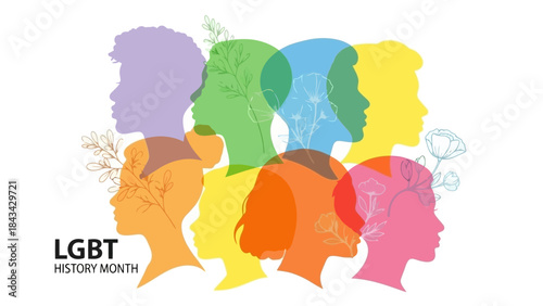 Diverse Silhouettes of People in Rainbow Colors with Floral Elements