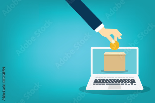 Online donation concept. Human hand putting coin in a donation box. EPS10 vector illustration.	