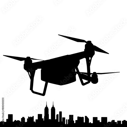 Drone Delivery Above City Skyline Silhouette