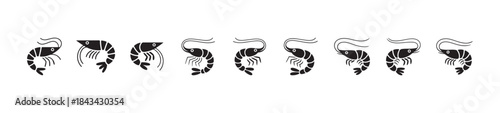 Collection of ten different stylized black shrimp icons for seafood menu design and food illustration