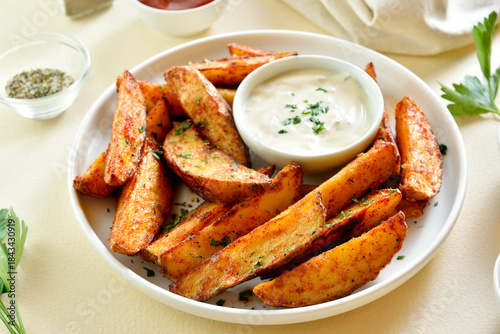 Oven baked potato wedges with sauce