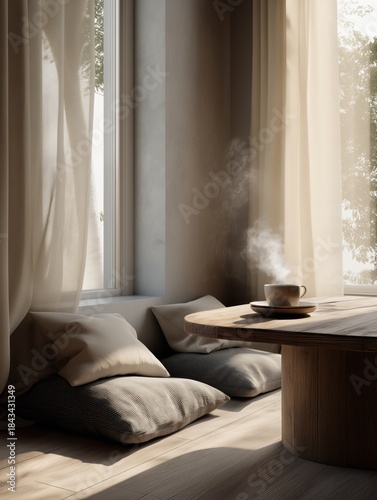 Cozy Window Seat with Steaming Coffee and Soft Curtains