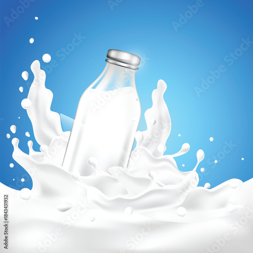 Milk bottle splashing in fresh white liquid