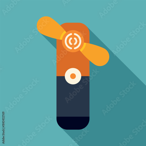 Handheld portable fan providing personal cooling on a teal background