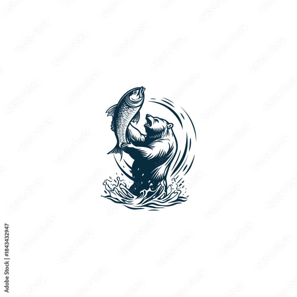 Obraz premium Vintage brown bear catching a large salmon in splashing river water, hand-drawn woodcut engraving style