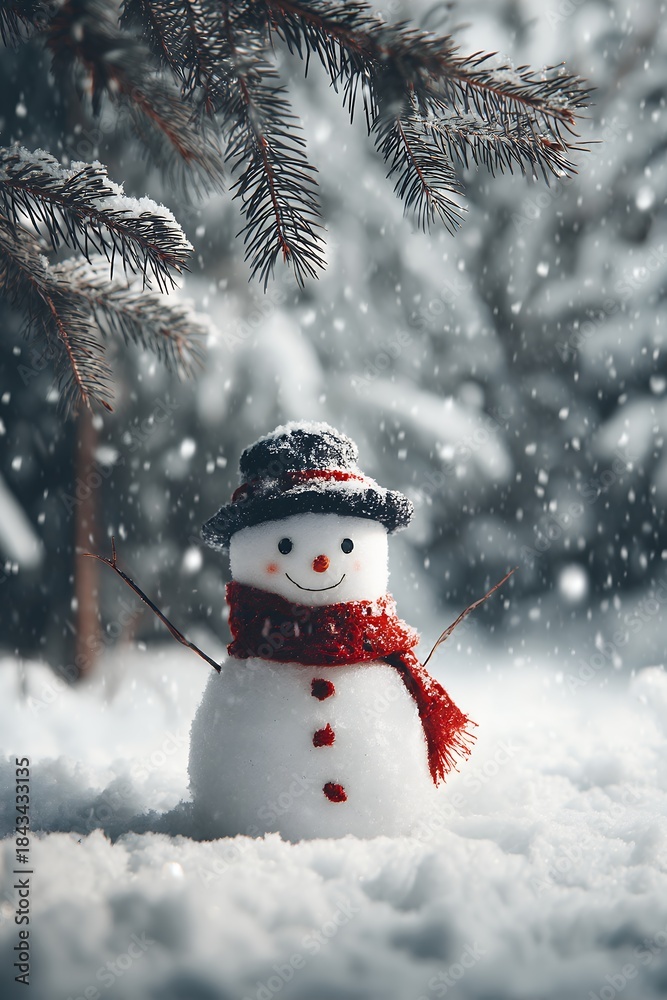 Obraz premium a cute snowman stands in a snowy landscape