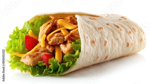 A chicken wrap contains pieces of grilled chicken lettuce shredded cheese and diced tomatoes rolled inside a soft flour tortilla. This meal shows fresh ingredients ready to eat. © mila103