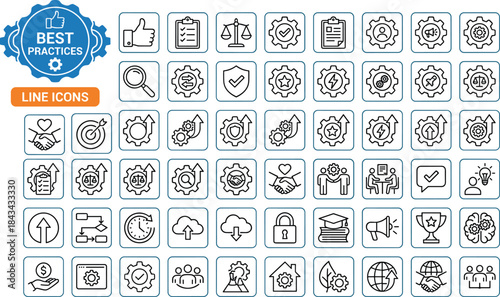 Best practices line icon set featuring quality improvement symbols, workflow optimization graphics, business performance tools, compliance management visuals, professional outline illustrations