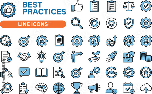 Best practices line icon set featuring quality improvement symbols, business optimization graphics, workflow enhancement tools, compliance and performance management illustrations