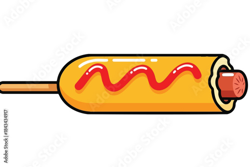 A cartoon corndog with a zig-zag of red sauce on a stick