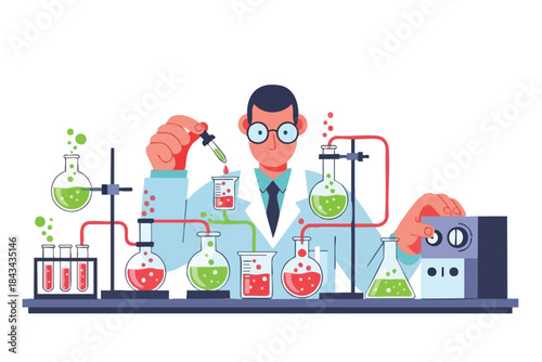 A scientist in a lab, mixing colored liquids with various glassware and equipment
