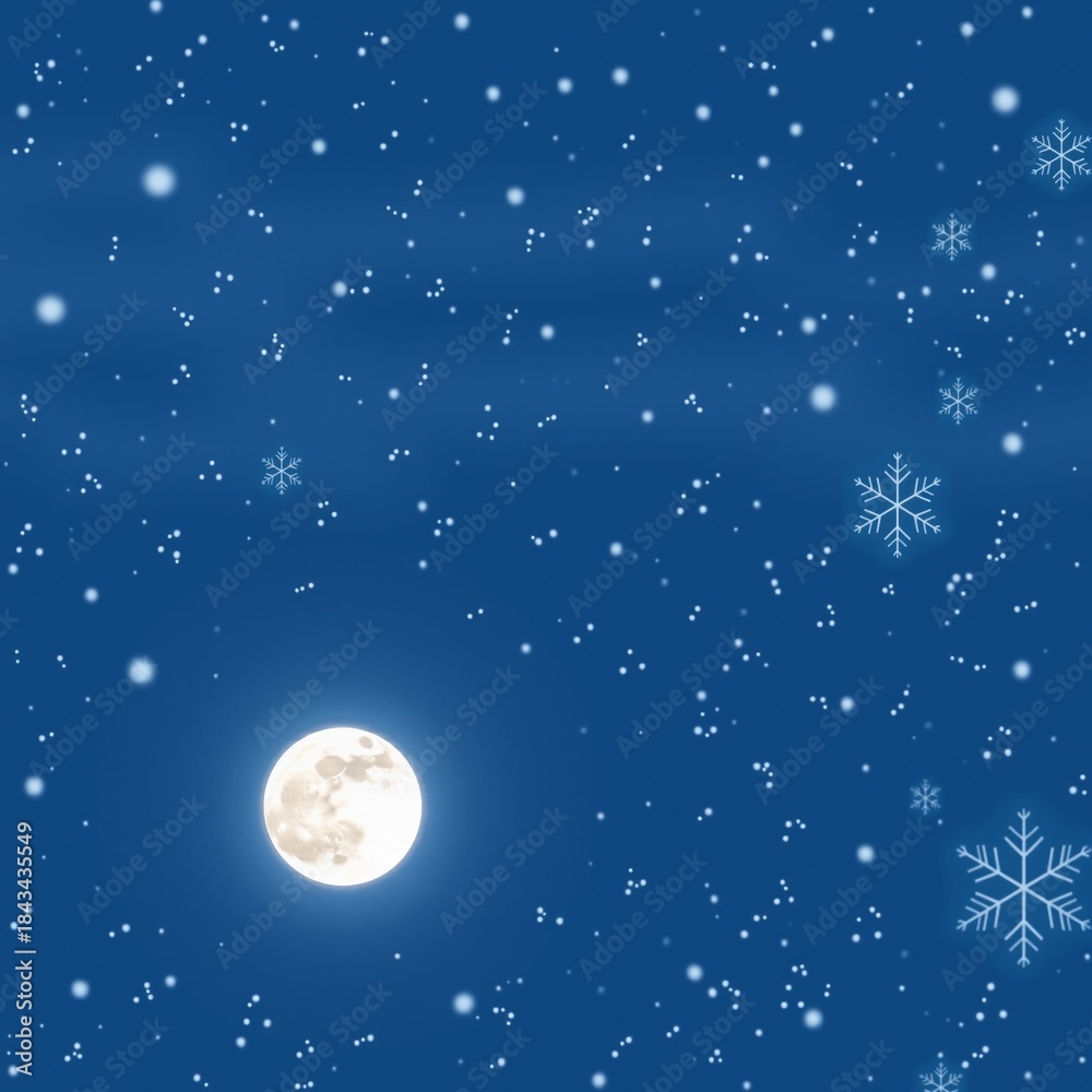 Fototapeta premium Bright full moon illuminates a dark blue winter night sky filled with falling snow and detailed crystalline snowflakes