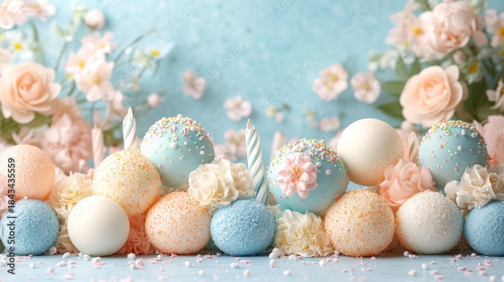 Obraz premium Assorted pastel confectionery decorated with sprinkles and flowers.