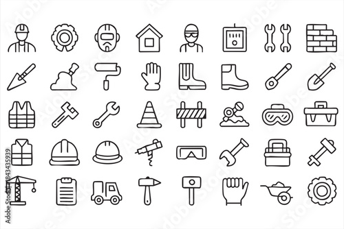 Worker Safety and Construction Tool Line Icons for Industry