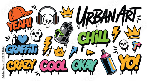 Urban Graffiti Art Elements with Skulls, Crowns, and Spray Cans Keywords: urban, graffiti, art, skull, crown, spray can, headphones, lightning bolt