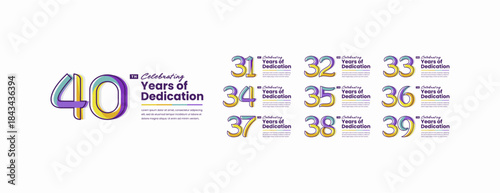 Colorful Years of Dedication Anniversary Logotype Set. 31, 32, 33, 34, 35, 36, 37, 38, 39, 40