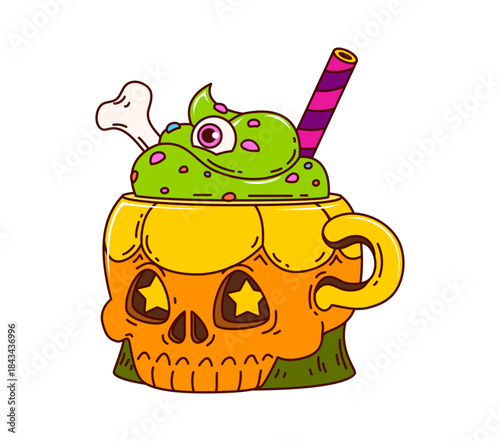 Groovy Halloween cocktail in skull cup with green slime, bones, and eyeball. Funny spooky cocktail with eye and straw. Vector drink with hippie trippy vibe for horror party or candy treat
