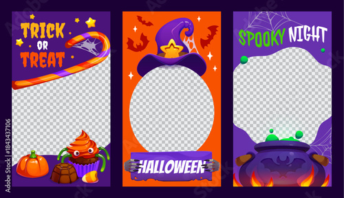 Halloween vector photo frames or social media post templates. Purple card with candy and treats, orange design with pointed witch hat and bats, spooky night scene with bubbling cauldron flames