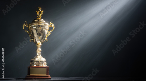 elite. A shining gold trophy on a velvet podium with dramatic spotlight. event key visuals, club posters, designed for fitness apps and gym onboarding, drives event promotion.