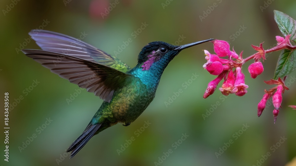 Naklejka premium A hummingbird is perched on a flower, drinking nectar. The bird is green and black, and the flower is pink. The scene is peaceful and serene, with the bird and flower being the main focus
