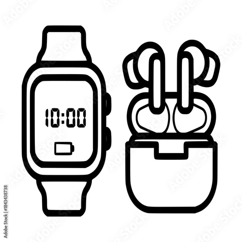 Bold line vector illustration of modern wearable technology. Features a digital smartwatch and wireless earbuds in their charging case, representing contemporary electronic accessories