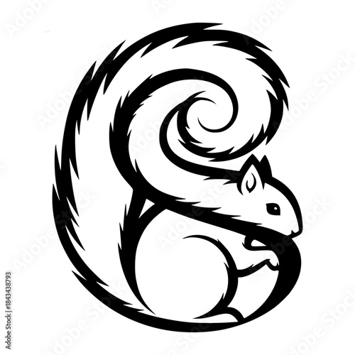 Stylized Squirrel Logo Design with Swirling Tail. A Simple and Modern Black and White Vector Graphic of a Forest Animal, Perfect for Nature-Themed Brands and Emblems