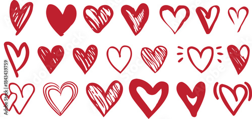 Hand drawn heart doodle set with love symbols and romantic shapes. Cute sketch style hearts perfect for Valentine, wedding, and emotional designs. Ideal vector elements for cards, stickers, social med