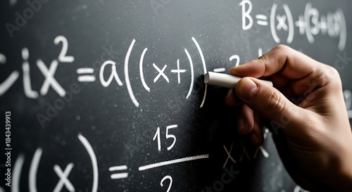 Hand writing mathematical equations on a blackboard with chalk mathematics