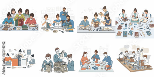 Collage of illustrations showing people engaged in professional bookbinding, historical document restoration, archiving, and library conservation work.