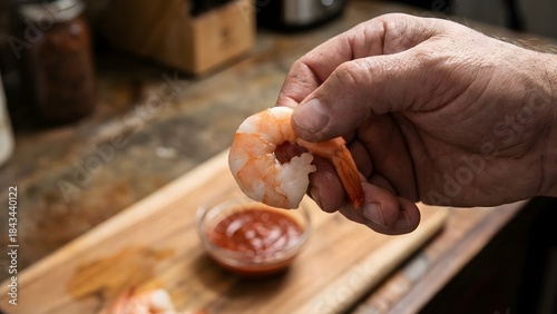Close-up of Hand Dipping Shrimp into Sauce.