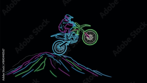 neon glowing motocross rider jumping on a dirt bike over a stylized hill, digital art illustration on a