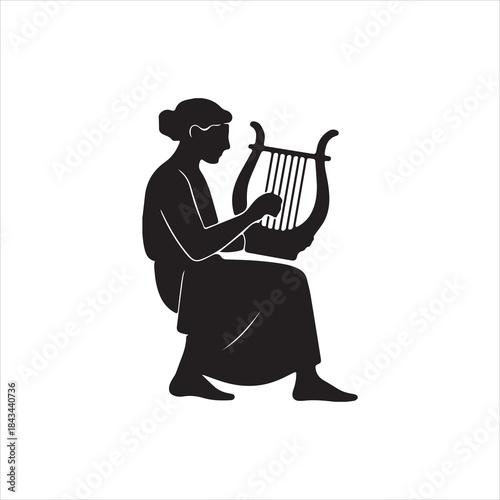 Illustrator Woman playing harp silhouette ancient greek musician vector