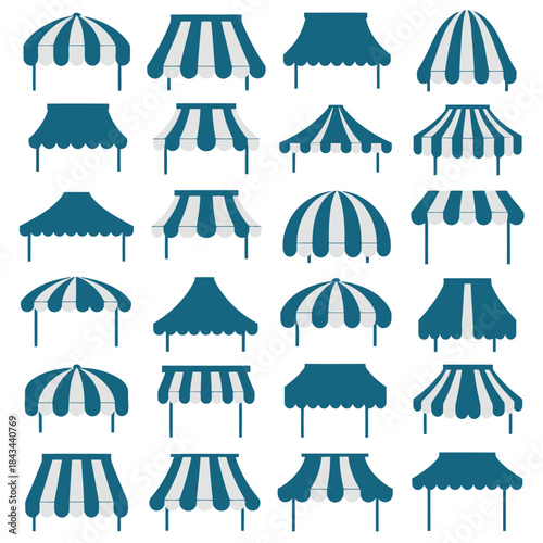 Red and Yellow Striped Awning Mockup Set: Commercial Storefront and Cafe Sunshade Collection