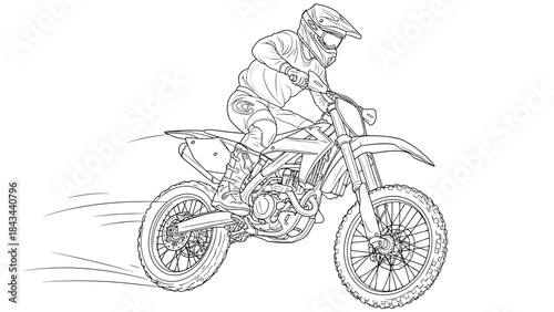 firstperson view from a motorcycle rider speeding down a road, black and white line art for coloring