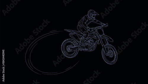 Neon line art motorcycle rider jumps leaving dynamic trails with vibrant colors on an isolated black background illustration