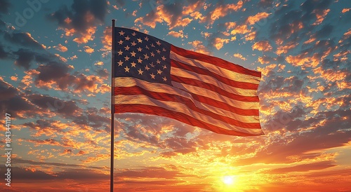 Patriotic flag of america above clouds during sunset picture