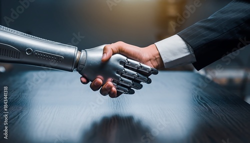 Business handshake between human and robot over a dark office table, symbol of future workforce integration