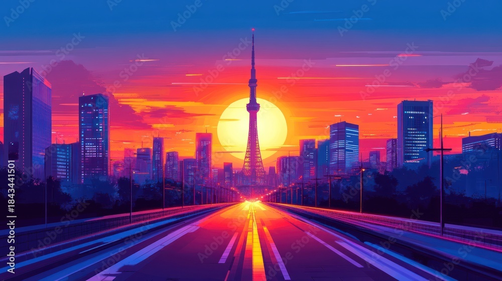 Fototapeta premium Tokyo sunset cityscape highway road