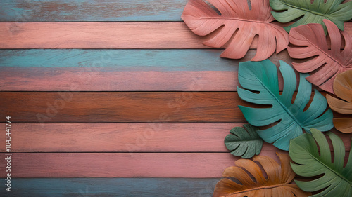 Tropical palm leaves on colorful wooden background, vibrant and cheerful summer decoration