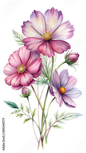 Beautiful watercolor illustration featuring pink and purple cosmos flowers